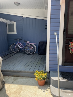 Un porche à l’extérieur bleu, un vélo, une plante en pot et une porte.