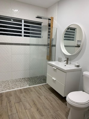 Dusche, Haartrockner, Handtücher, Seife