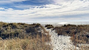 Un sendero arenoso junto a la playa, con poca vegetación, que conduce al océano.