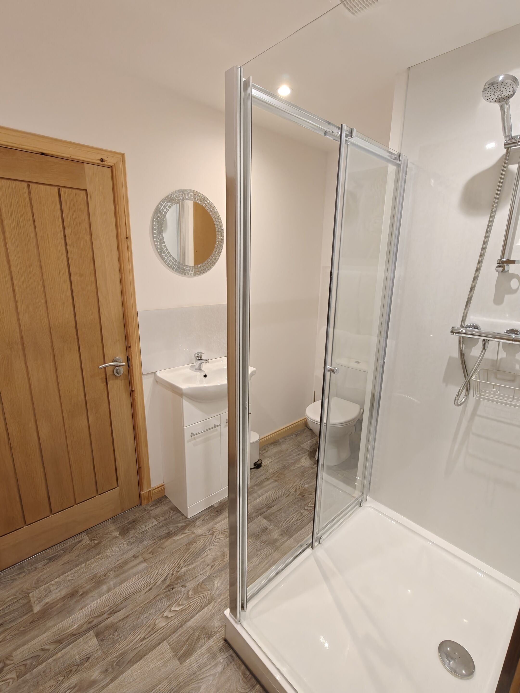 A modern bathroom with a glass-enclosed shower, a wooden door, a sink, and a toilet.