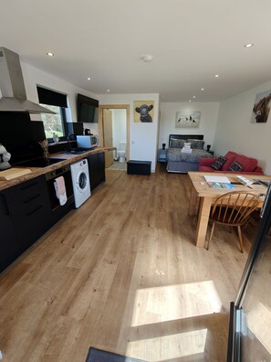 Eine moderne Küche mit Waschmaschine, ein Essbereich mit Tisch und Stühlen, ein Wohnzimmer mit Sofa und ein Schlafzimmer mit Bett.