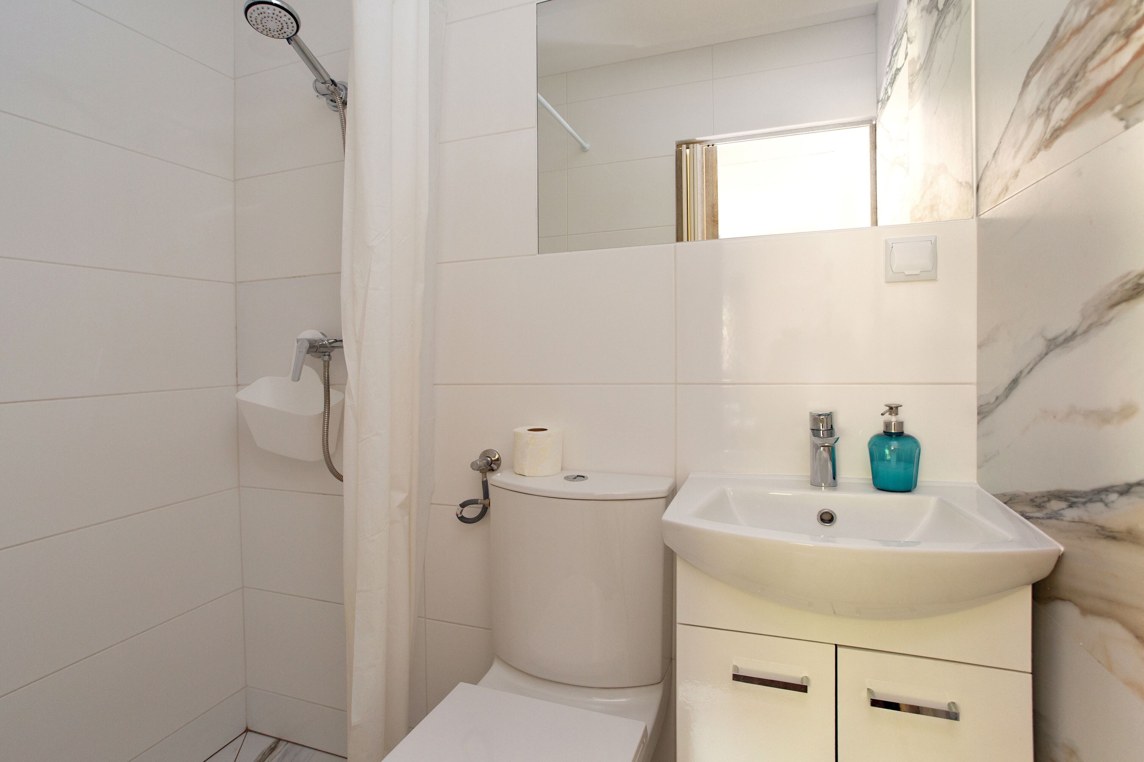 Combined shower/tub, hair dryer, towels, soap