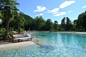 A clear pool with lounge chairs and palm trees, surrounded by a lush green landscape. - Terme Di Relilax Boutique Hotel & Spa (Montegrotto Terme)