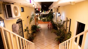 Un espacio exterior cubierto con piso de baldosas, plantas en macetas y una escalera.