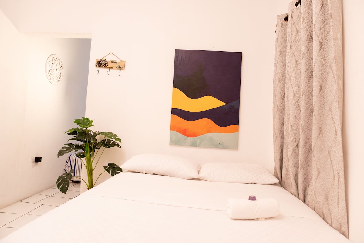 A bedroom with a bed, a potted plant, a wall-mounted artwork, and a towel on the bed.