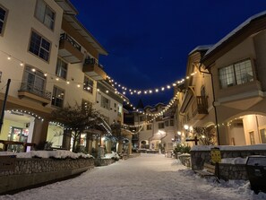 Een besneeuwde straat met gebouwen aan beide zijden, lichtjes en een bord dat een wandeling door het dorp aangeeft.