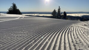 Pista nevada para esquiar con huellas de esquí y cielo despejado.