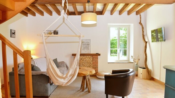A cozy room with a hammock, a sofa, a chair, a fireplace, and a window with a view of greenery.