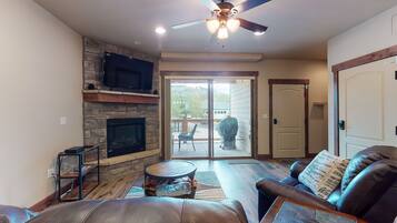 Una televisión, una chimenea, libros