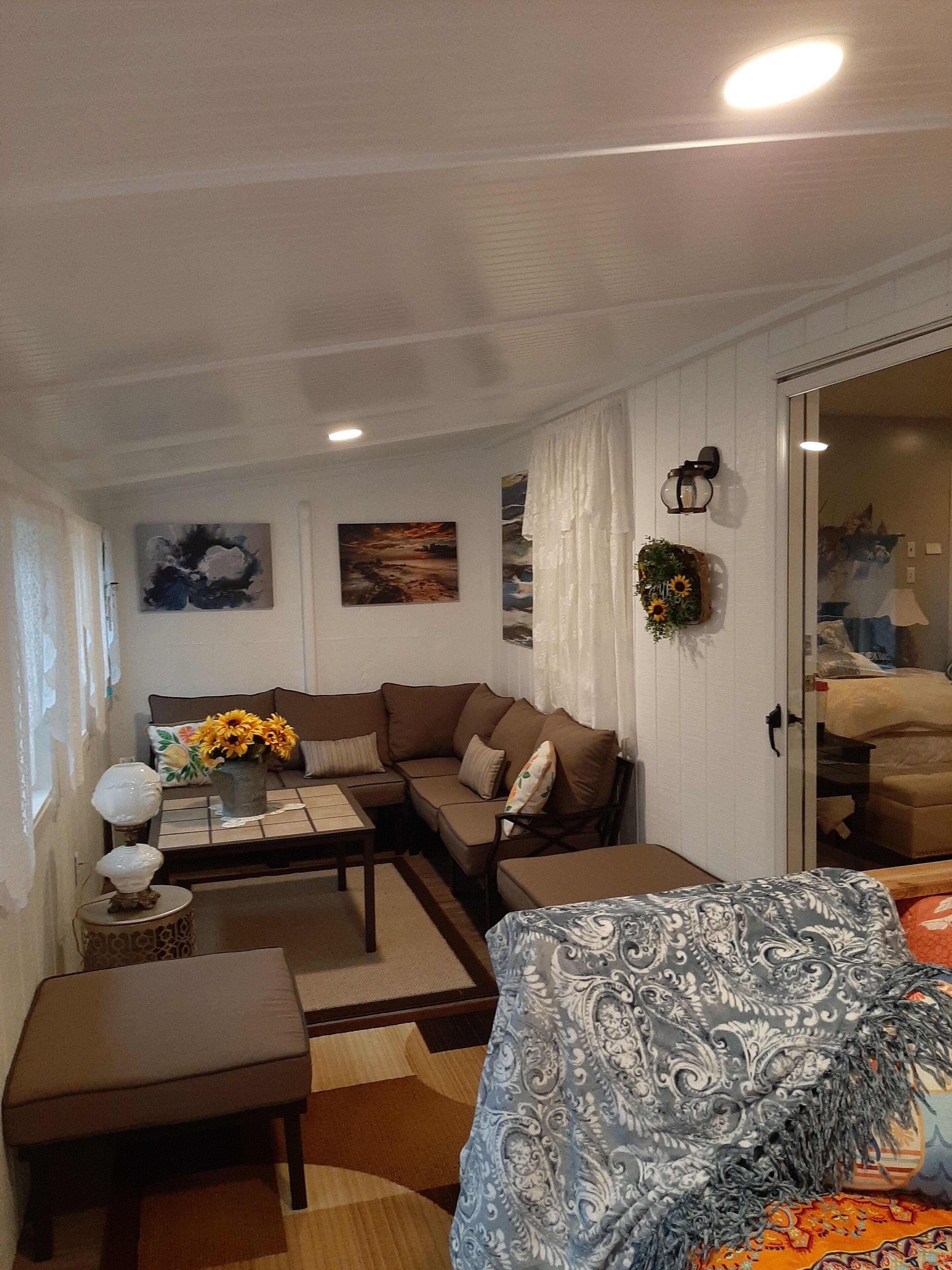 Smart TV, fireplace, video games, DVD player