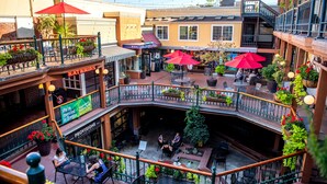 An indoor courtyard with outdoor seating, potted plants, and a variety of seating arrangements. - The Gordon Hotel (Eugene)