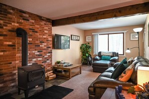 Una televisión, una chimenea, un reproductor de DVD