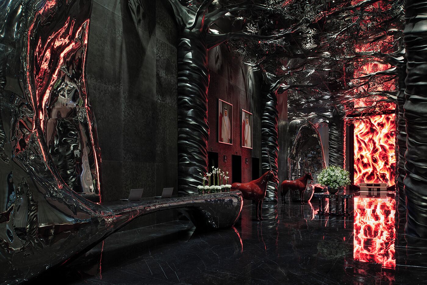 A futuristic interior with metallic structures, reflective surfaces, and abstract art.