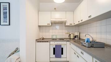 Kühlschrank, Ofen, Herdplatte, Wasserkocher mit Kaffee-/Teezubehör