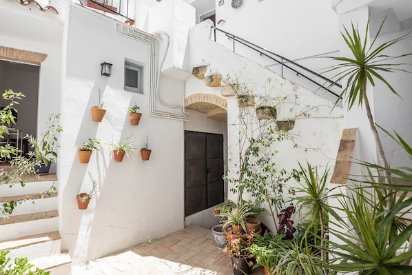 Une cour aux murs blancs, agrémentée de plantes en pot, avec un escalier et une porte.