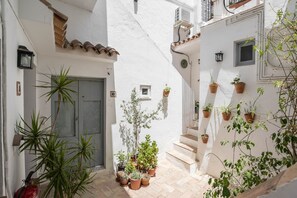 Un patio estrecho con macetas, una puerta y una escalera.