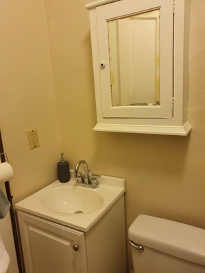 Combined shower/bathtub, hair dryer, towels, toilet paper