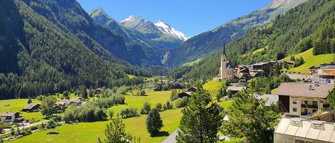 A mountain village with traditional buildings, a church, and a valley with green fields and trees.