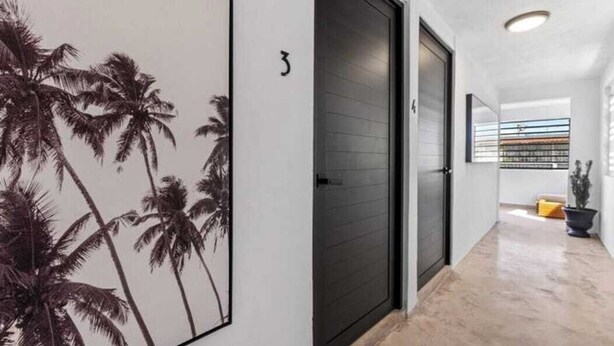 A hallway with a door marked with the number 3, a potted plant, and a view of a balcony with a railing. - Junior Suite Steps To Loiza Street & Best SJ Beach (San Juan)