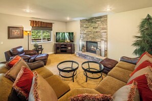 TV, fireplace, DVD player, table football - Wolf Creek Luxury Estate: Luxury Mansion! Exclusive Location! Walk to Skiing/Snowboarding! Hot Tub! Movie Room! Game Table Galore! EV Charger! (Big Bear Lake)