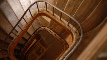Un escalier en colimaçon avec une rampe en métal, des marches en bois et un mur en bois.