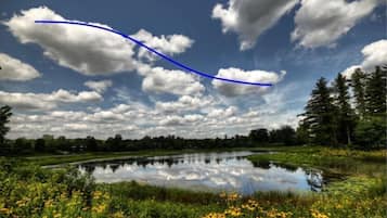 Un paisaje sereno con un lago que refleja las nubes, rodeado de vegetación y árboles.