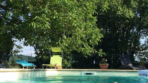 A swimming pool with clear water, surrounded by trees and a few lounge chairs. - Gite with pool close to the pyrenees & ancient Abbey of Saint Sever de Rustan (Saint-Sever-de-Rustan)