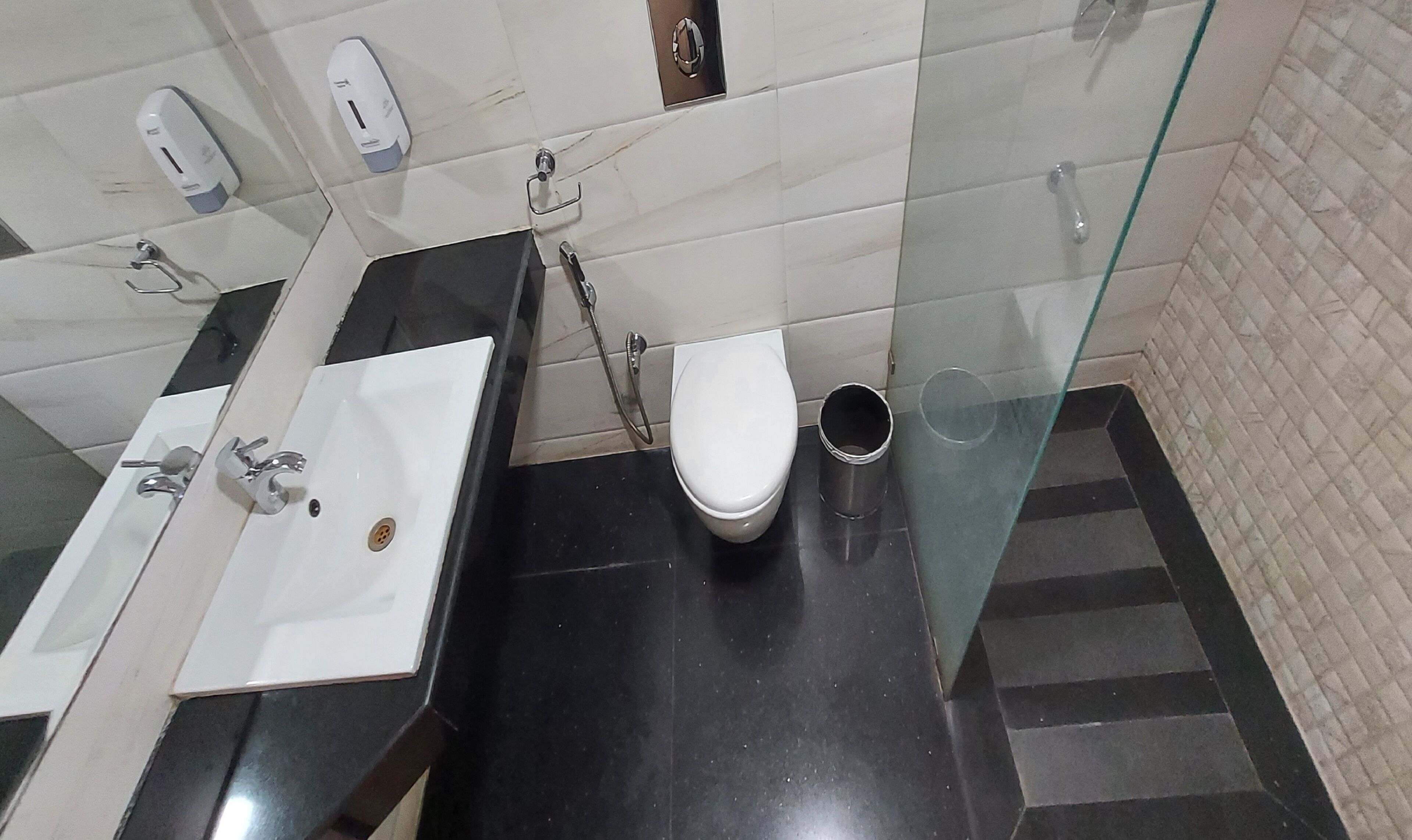 A bathroom with a white sink, a toilet, and a glass partition.