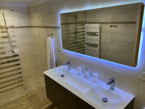 Combined shower/bathtub, hair dryer, towels