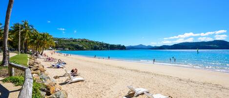 A beach with white lounge chairs and a wooden fence.