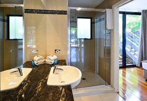 Shower, hair dryer, towels