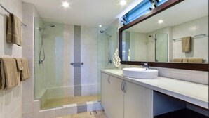 Shower, hair dryer, towels