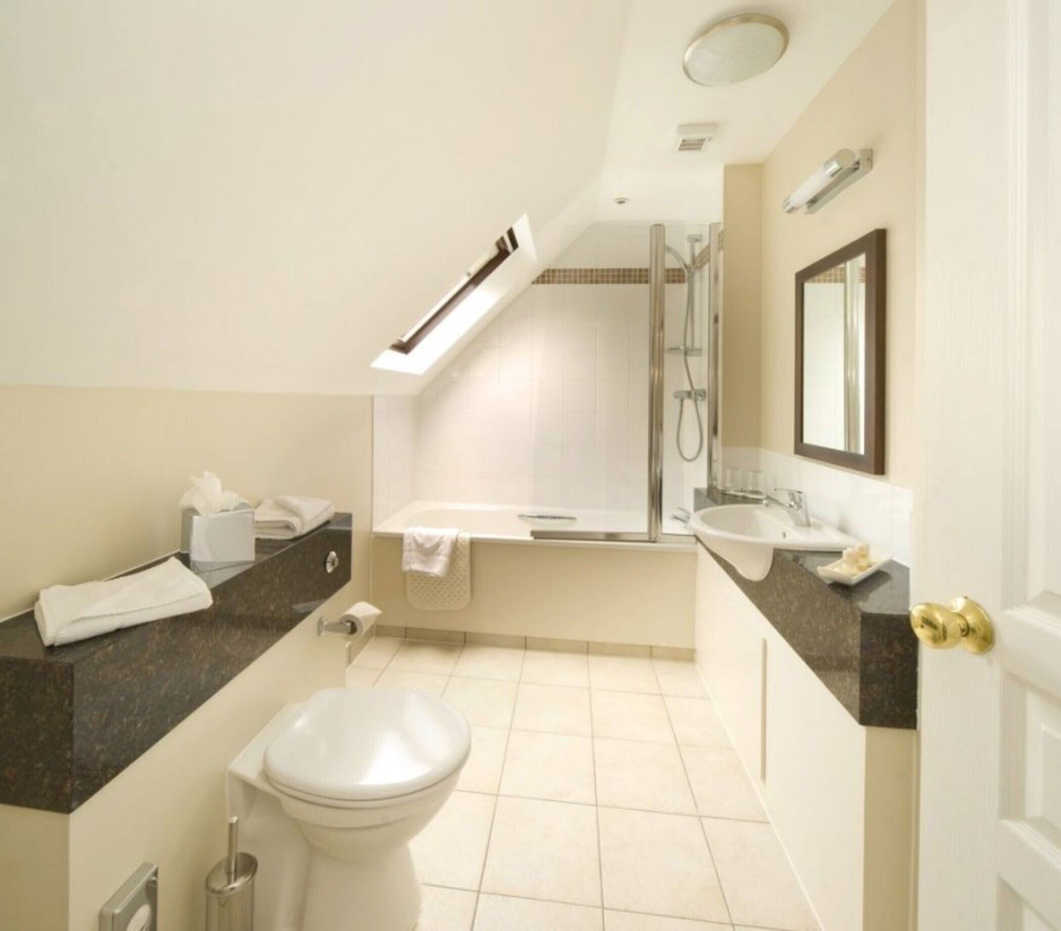 combined shower/bathtub, hair dryer, towels, soap