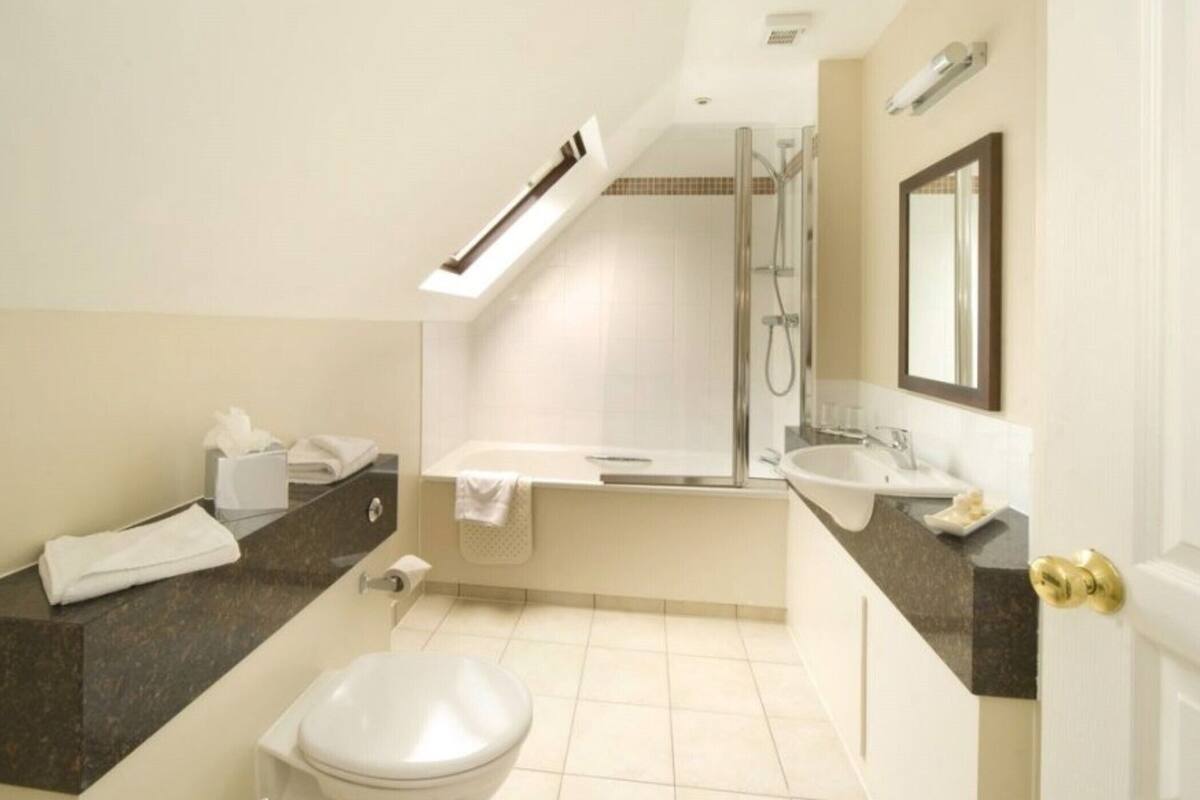 combined shower/bathtub, hair dryer, towels, soap