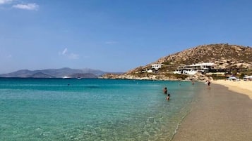 Beach nearby, white sand, sun loungers, beach umbrellas