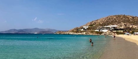 Beach nearby, white sand, sun loungers, beach umbrellas