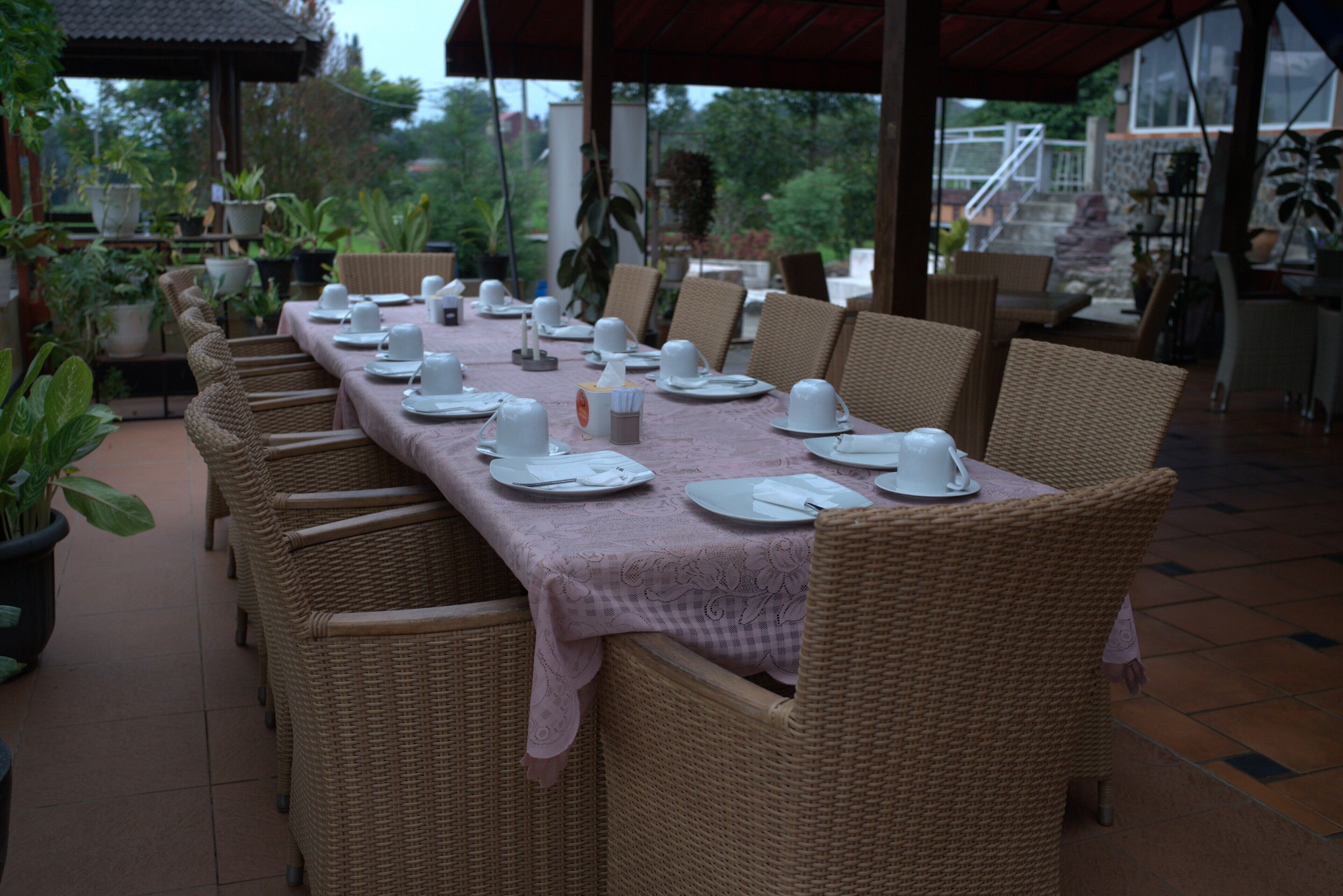 Una larga mesa de comedor dispuesta con platos, tazas y cubiertos blancos, rodeada de sillas de mimbre, bajo un porche cubierto con plantas en macetas y vistas al jardín.