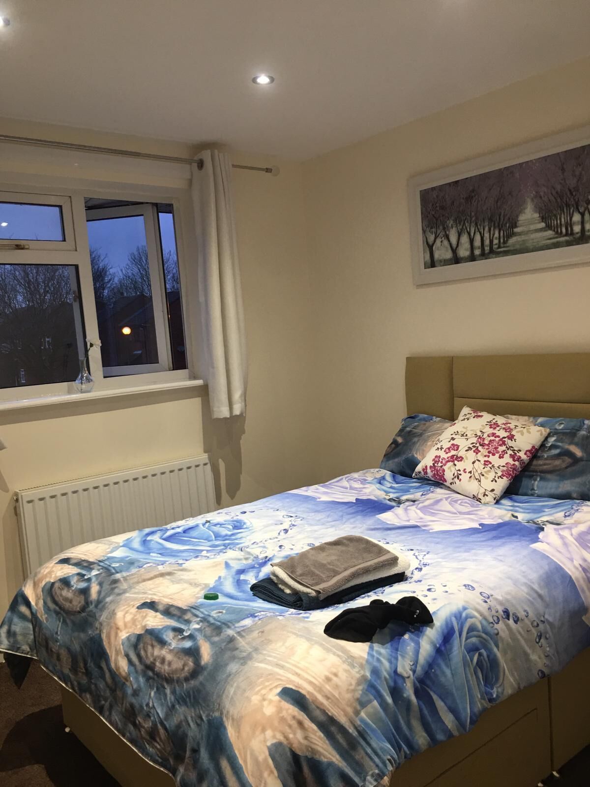 A bedroom with a bed, a window, a radiator, and a painting on the wall.