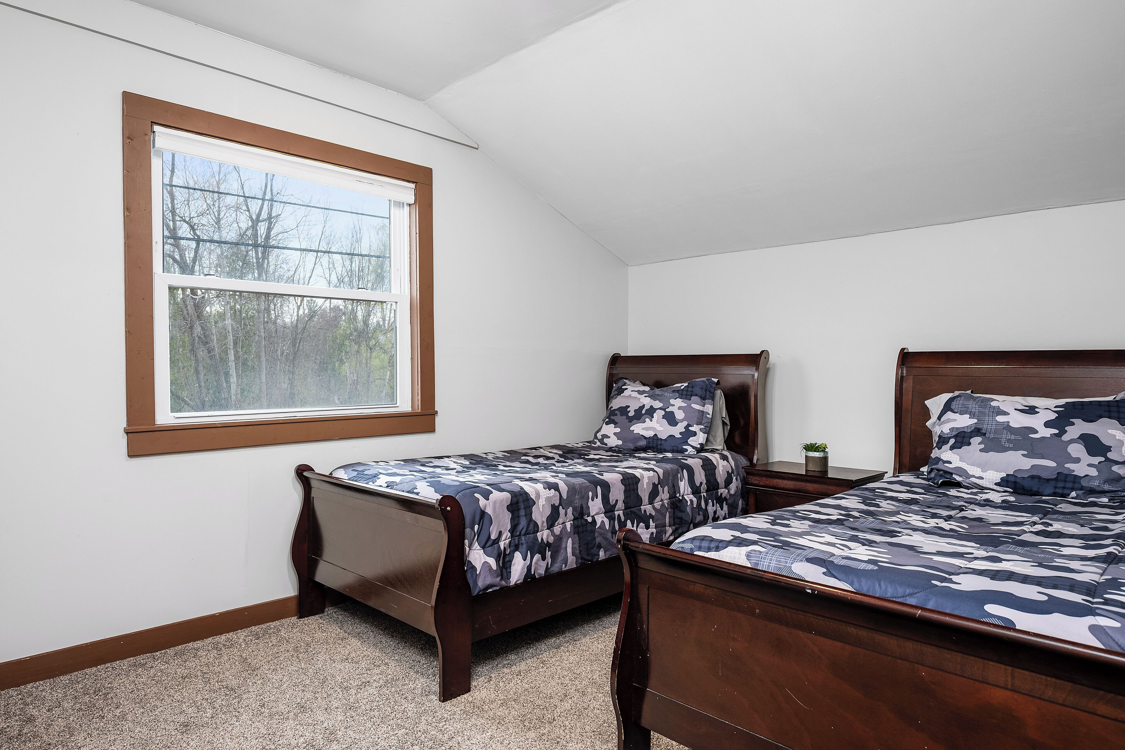 A bedroom with two wooden beds, a window, and a small bedside table with a plant.