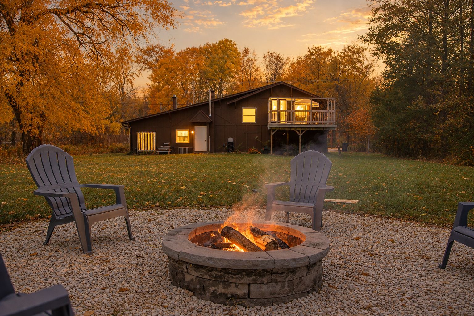 Ein Haus mit Feuerstelle im Vordergrund, zwei Adirondack-Stühlen und einer Terrasse mit Außenbeleuchtung.