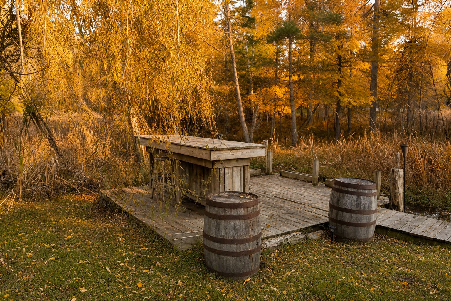 A wooden deck with a bench, two barrels, and a rustic wooden structure in a wooded area.