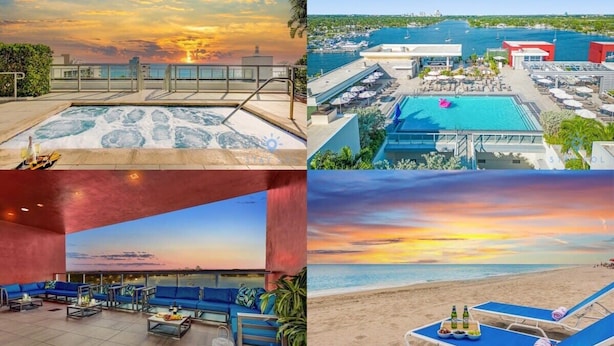 Ein Pool auf dem Dach mit Sonnenuntergangsblick, eine Poolliege und eine Strandlounge mit Liegestühlen.
