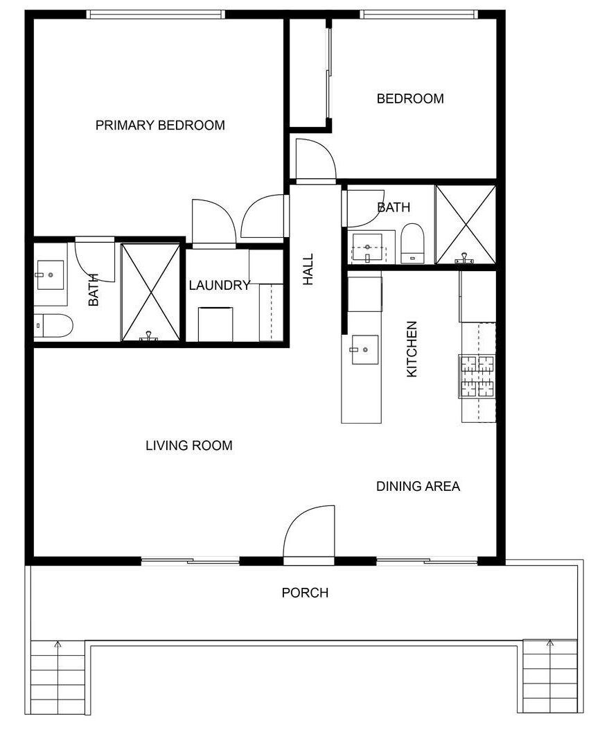 A floor plan with a primary bedroom, secondary bedroom, living room, dining area, kitchen, bathroom, laundry, and a hall.