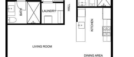 A floor plan with a primary bedroom, secondary bedroom, living room, dining area, kitchen, bathroom, laundry, and a hall.