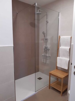 Shower, hair dryer, towels, toilet paper
