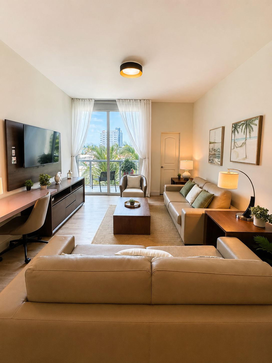 Una sala de estar moderna con una televisión de pantalla plana, un sofá, una mesa de centro y un balcón con vistas a palmeras y edificios.