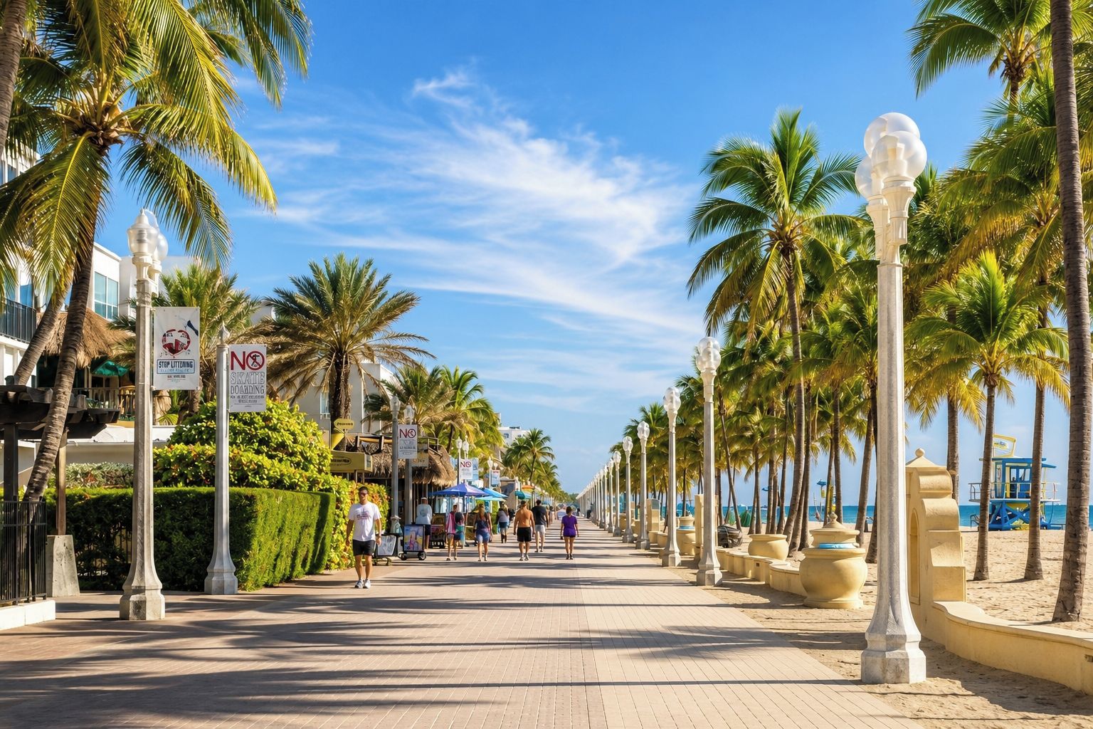 A beachfront promenade lined with palm trees and street lamps, with people walking and beach umbrellas in the distance.
