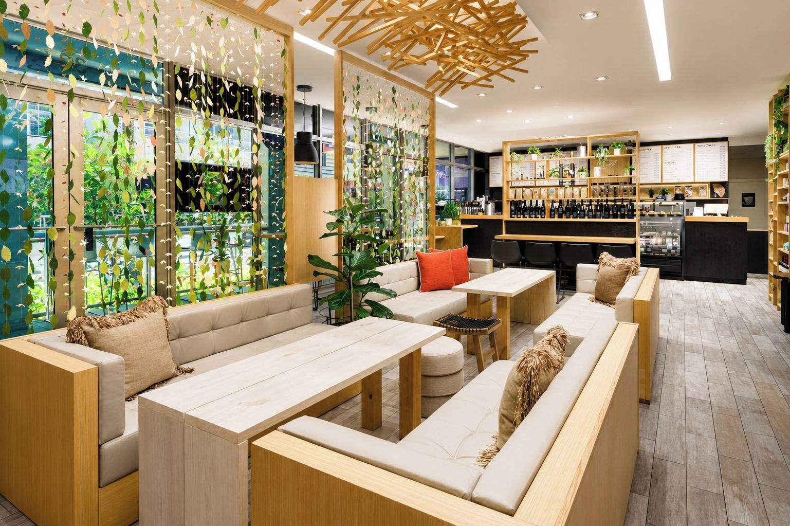 A modern lounge area with sofas, tables, and a bar area with shelves of bottles.