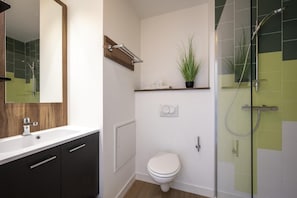 Features a sleek sink, toilet, and glass-enclosed shower area.