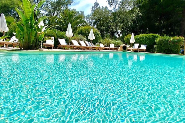 Seasonal outdoor pool, open 9:00 AM to 9:00 PM, pool umbrellas